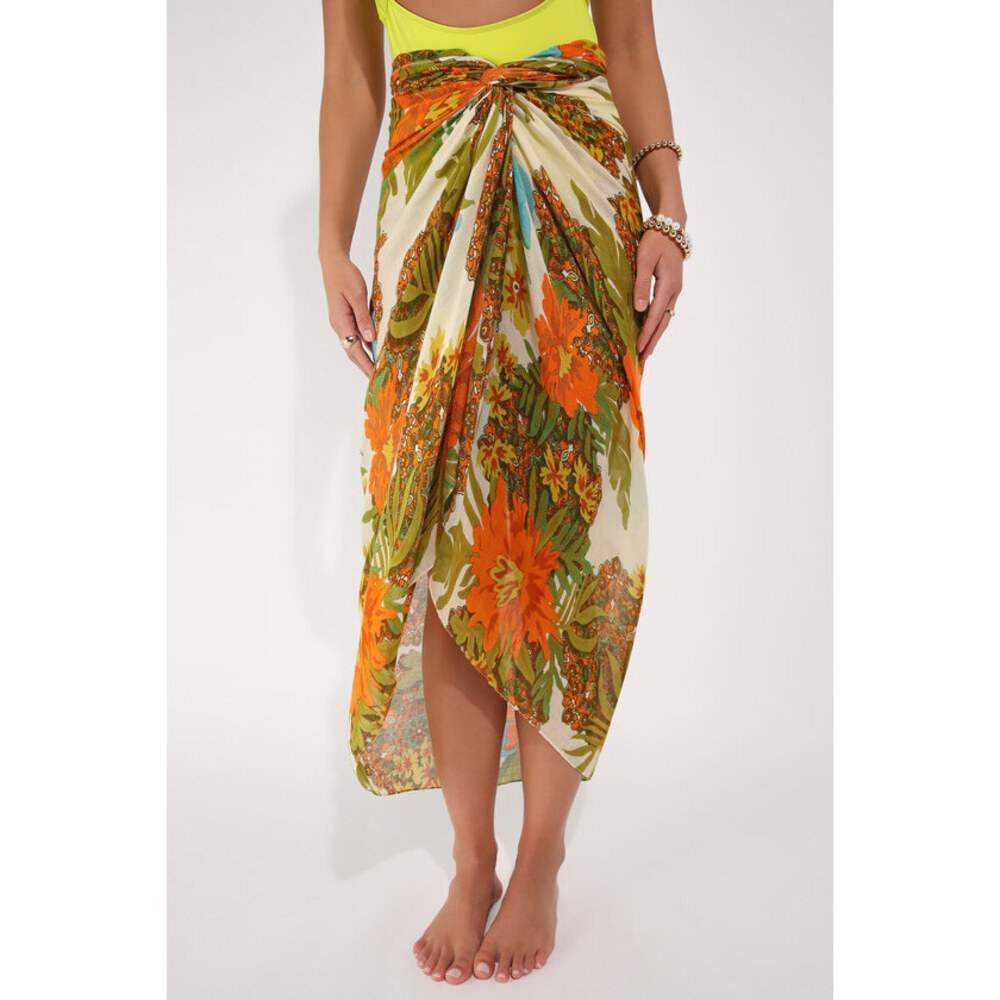Lulus Oasis Seeker Orange Multi Floral Print Swim Cover-up Scarf - Size One Size